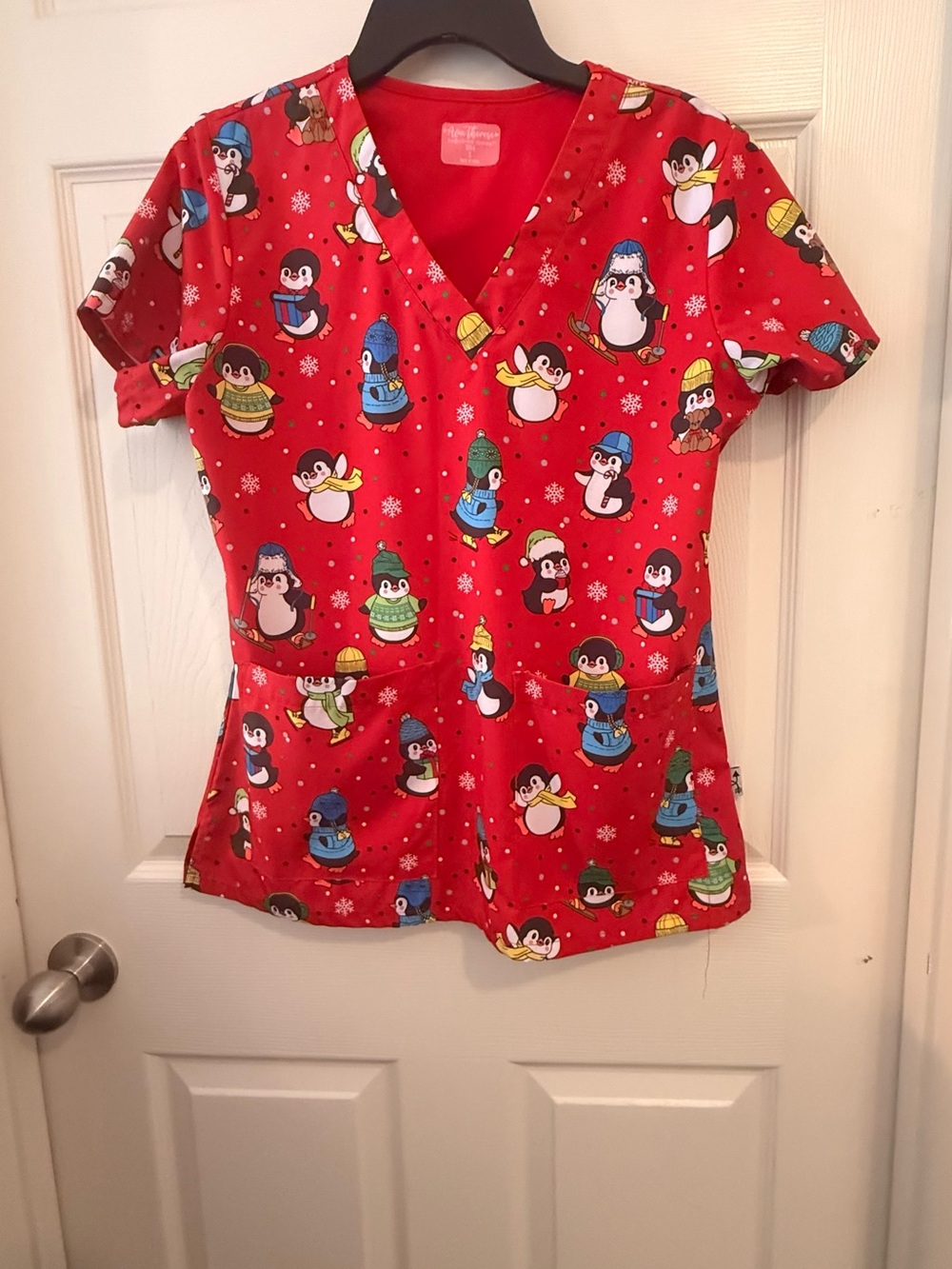 Women's Red Penguin-Print V-Neck scrub top